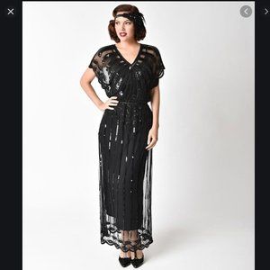 1920s Black Beaded Deco Maxi Flapper Dress US 10